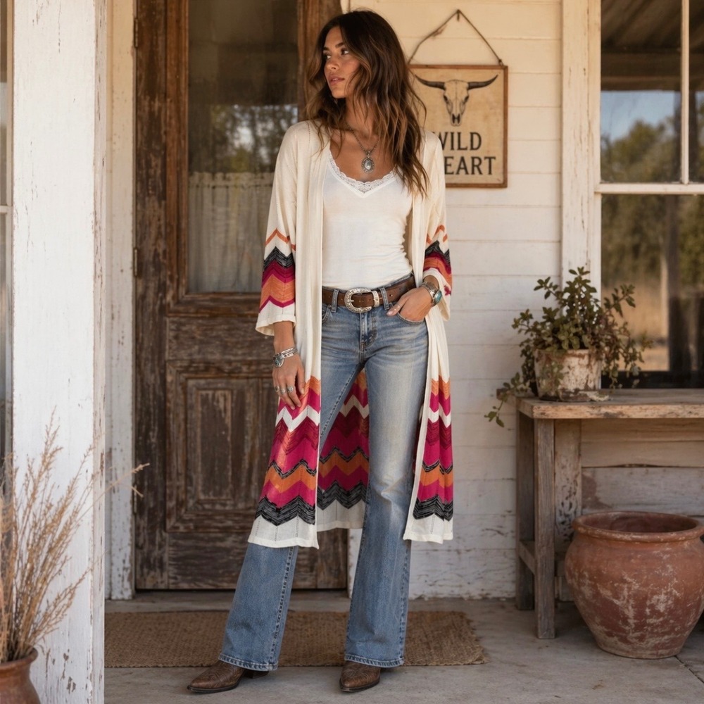 Christopher & Banks Longline Duster Cardigan L Chevron Pointelle Knit Super Soft